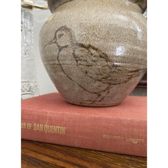 Vintage Hand Thrown Whimsical Pottery Jar Bird Jar With Lid Folk Art Pottery Jar - Picture 2 of 7